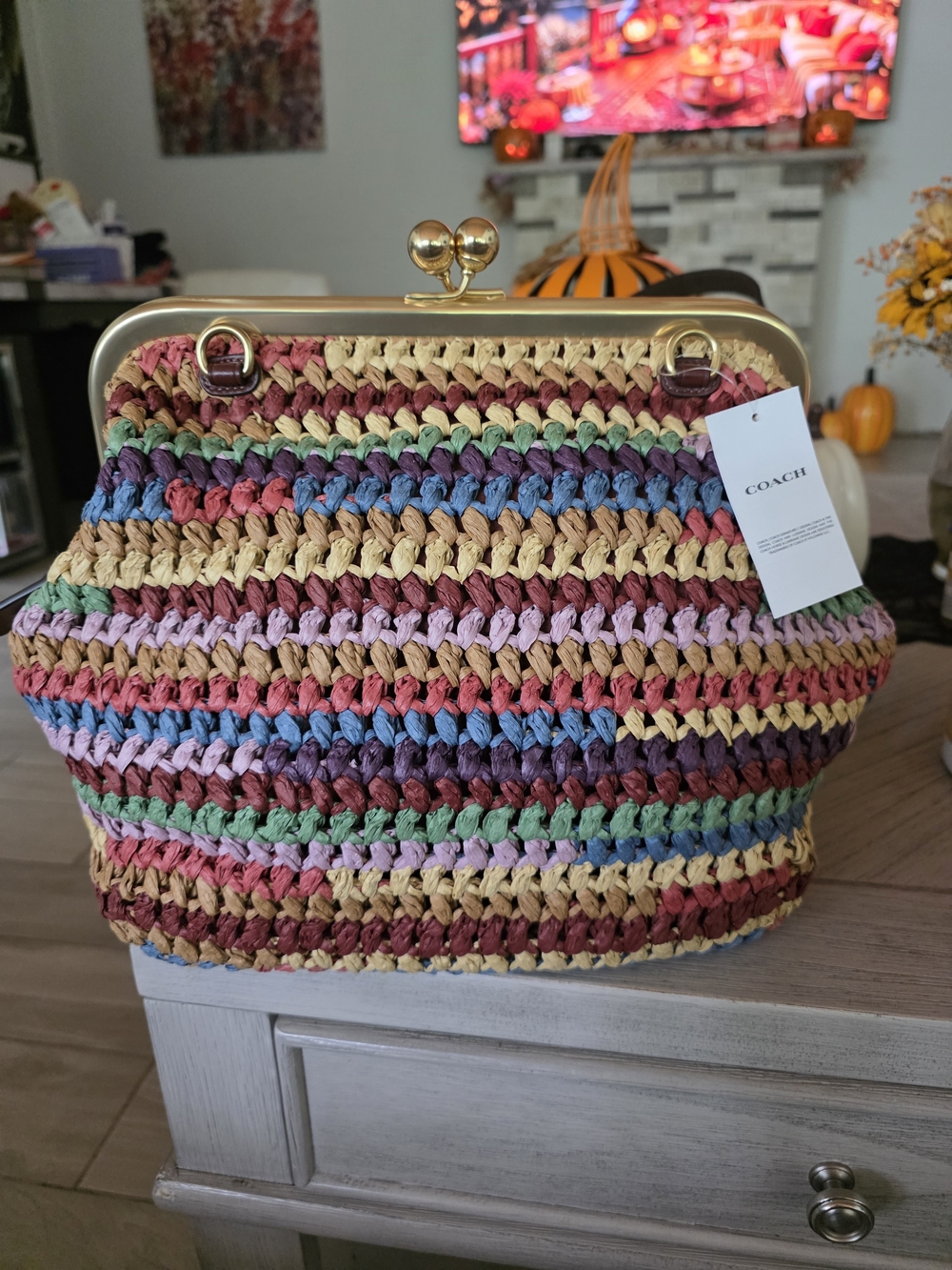COACH Kisslock 27 Multicolor Woven Straw Frame Clutch with Gold Hardware